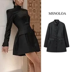 Blazer Black Dresses Women Spring Long Sleeve Short Dresses Woman Pleated High Neck Mini Dress Office Elegant Dresses