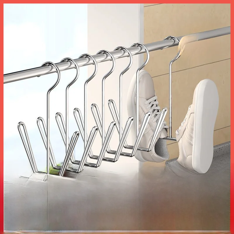New Stainless Steel Thickened Clothesline Shoe Drying Rack Balcony Window Ledge Windproof Hanging Shoes Holder Outdoor