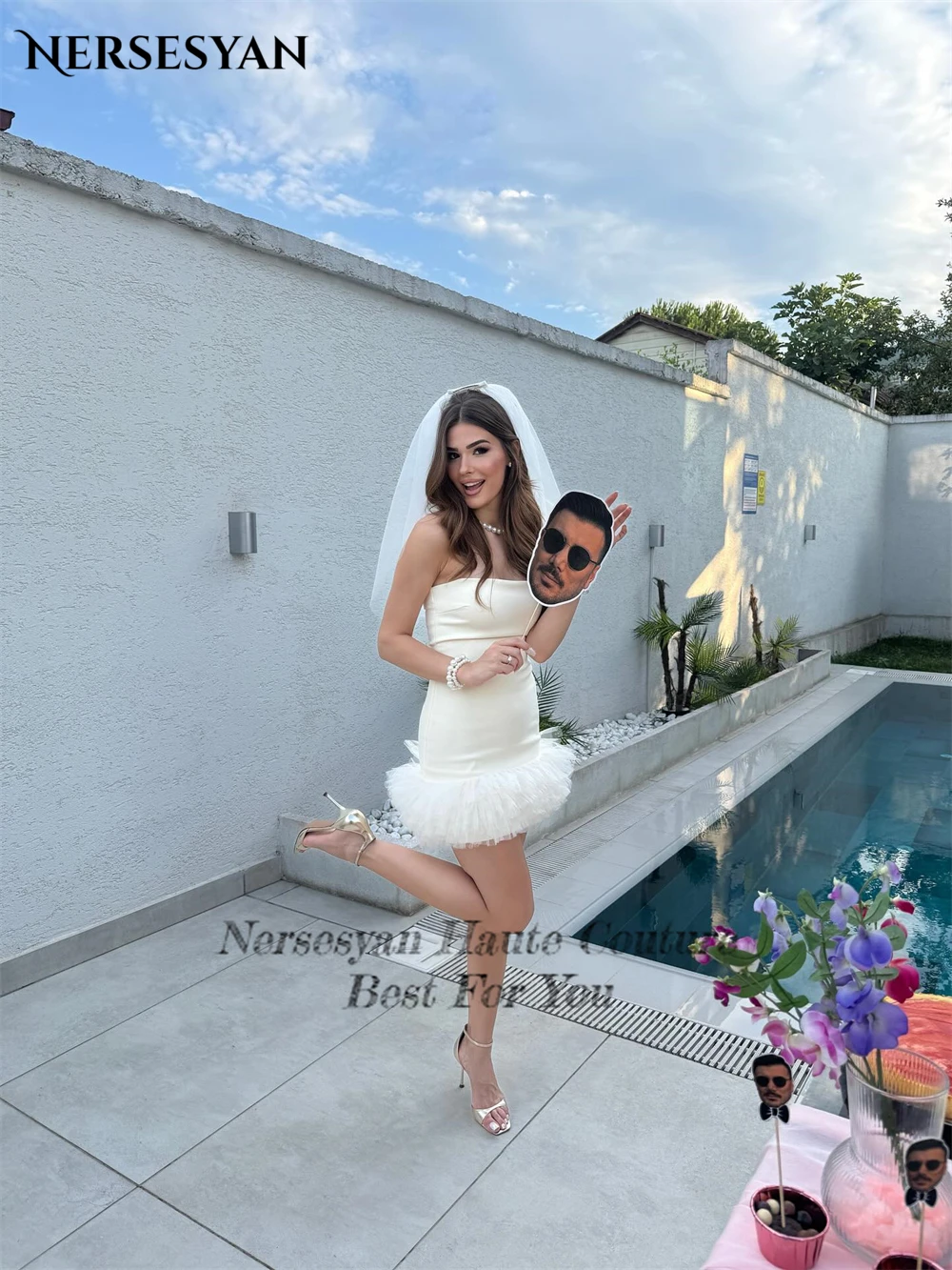 Nersesyan Licht Champagne Elegante Galajurken Off Schouder Tule Ruches Mini Feestjurk Satijn 2025, Galajurken Op Maat