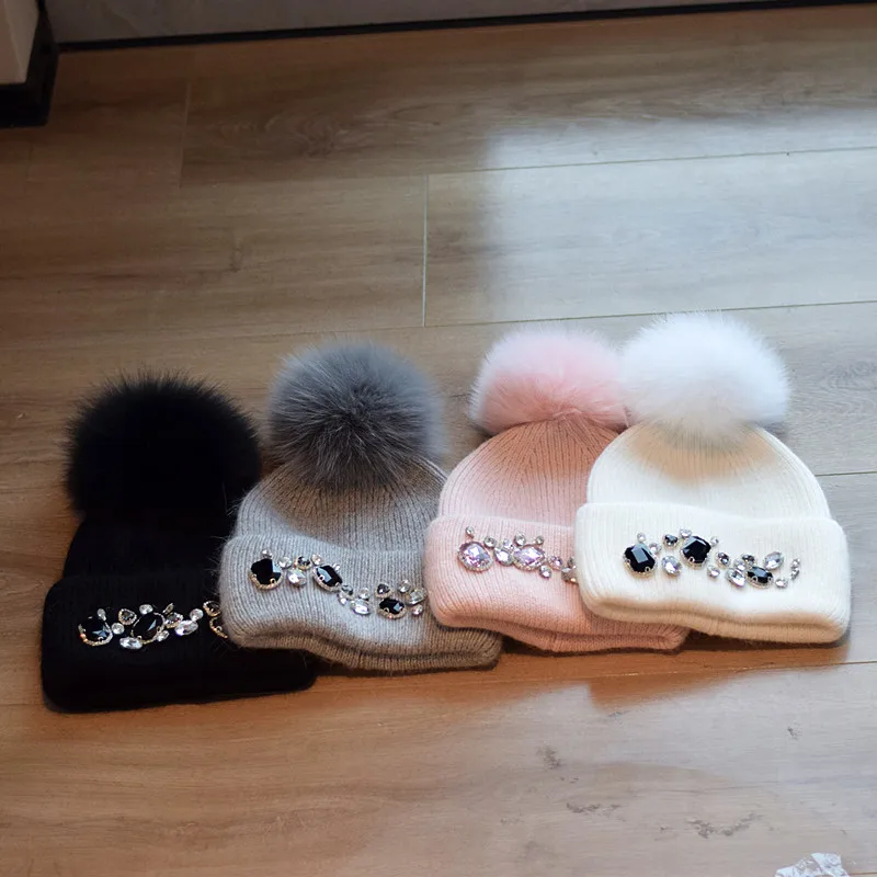 Hat Women Winter Angora Knit Real Fur Pompom Beanie Rhinestone Autumn Warm Skiing Accessory For Teenagers Outdoors Luxury