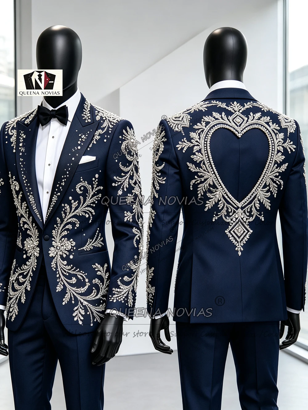 Exclusive Suit Men Slim Fit Beadwork Stones Embellishment Prom Blazer With Trousers 2 Piece Sets Groom Wedding Tuxedo US32-US52