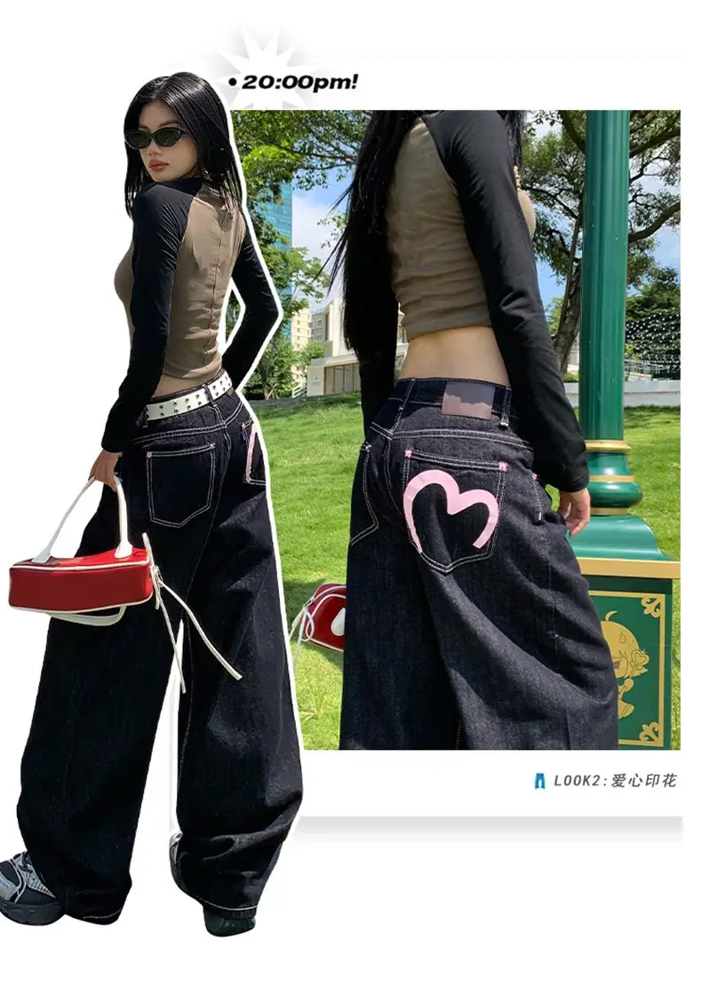 Women's Pink Heart Print Denim Straight Leg Jeans Loose Casual Floor-Length Long Pants Ladies Loose Fit Original Style
