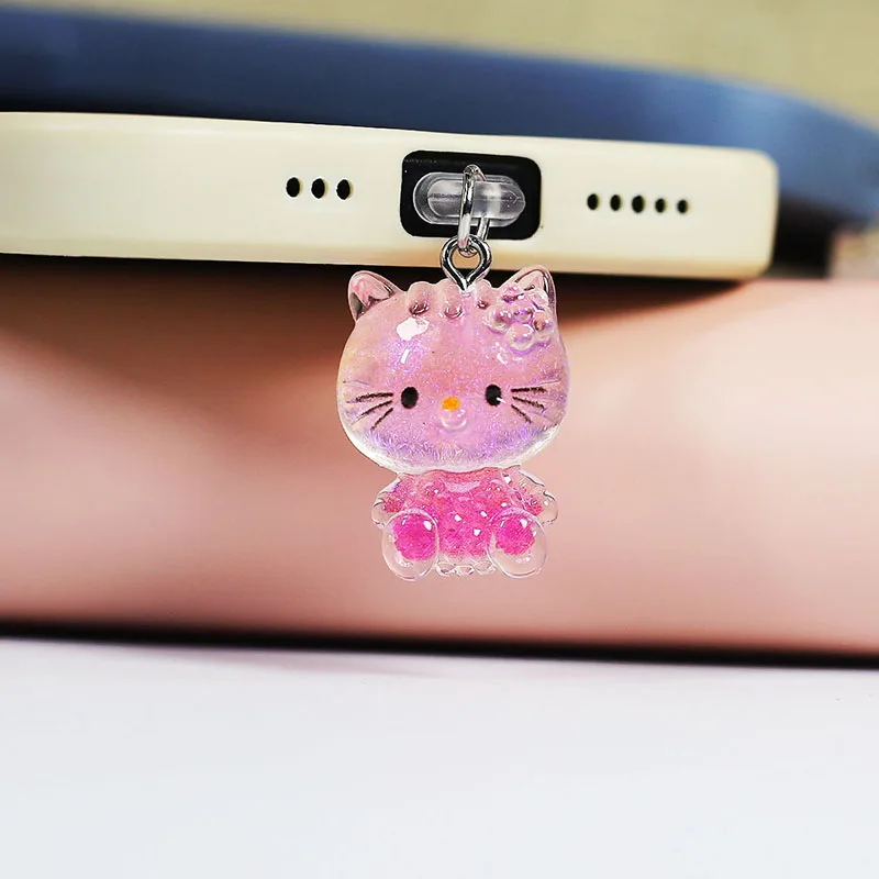 New Hellokitty Phone Dustproof Plug Cute Glitter Dust Plug Cartoon Pendant Accessory Resin Material for iPhone/Type-C Dust Plug