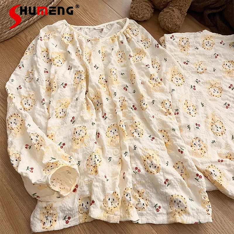 

Floral Pure Cotton Cute Pajamas for Women Spring Autumn Long Sleeve Korean Style Homewear Set Female Round Neck Sleep Lounge