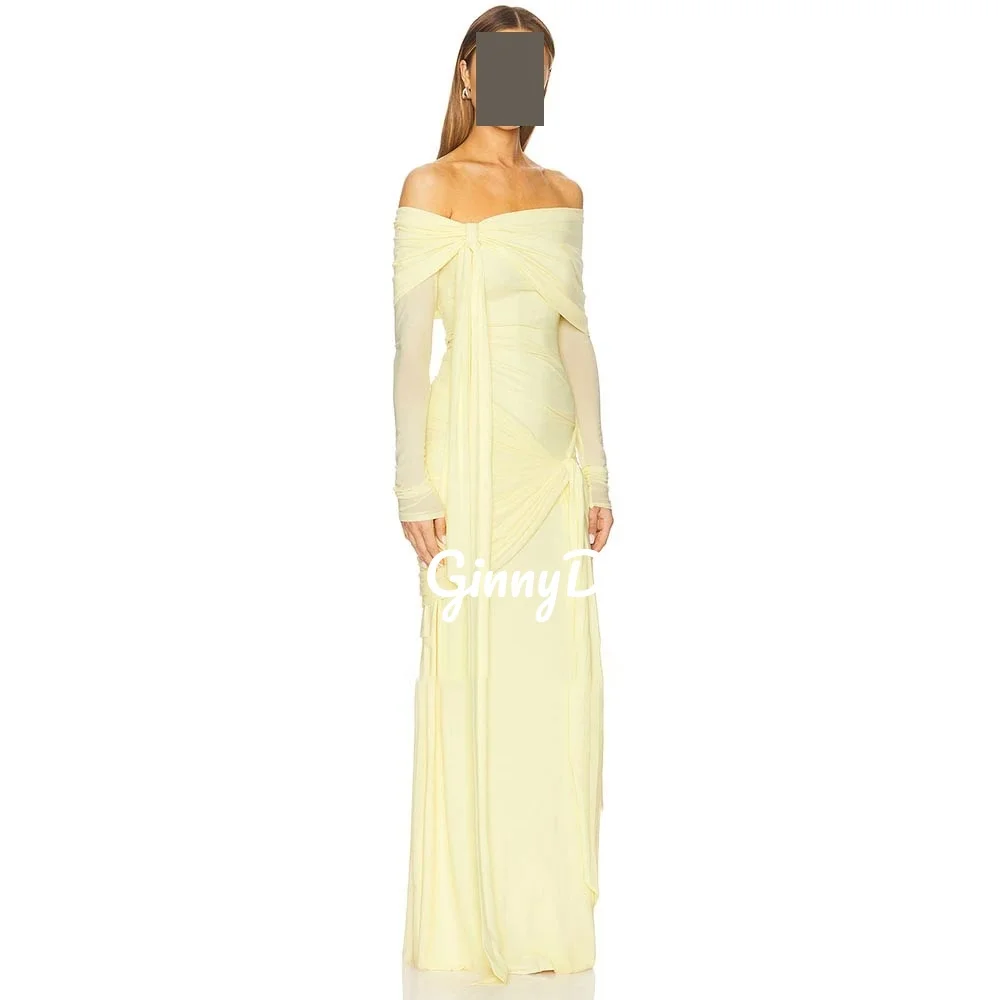 

Customized Elegant Party Dresses Off-The-Shoulder Neckline Column Wedding Party Dress Long Sleeves Ruffle Floor-Length Dresses