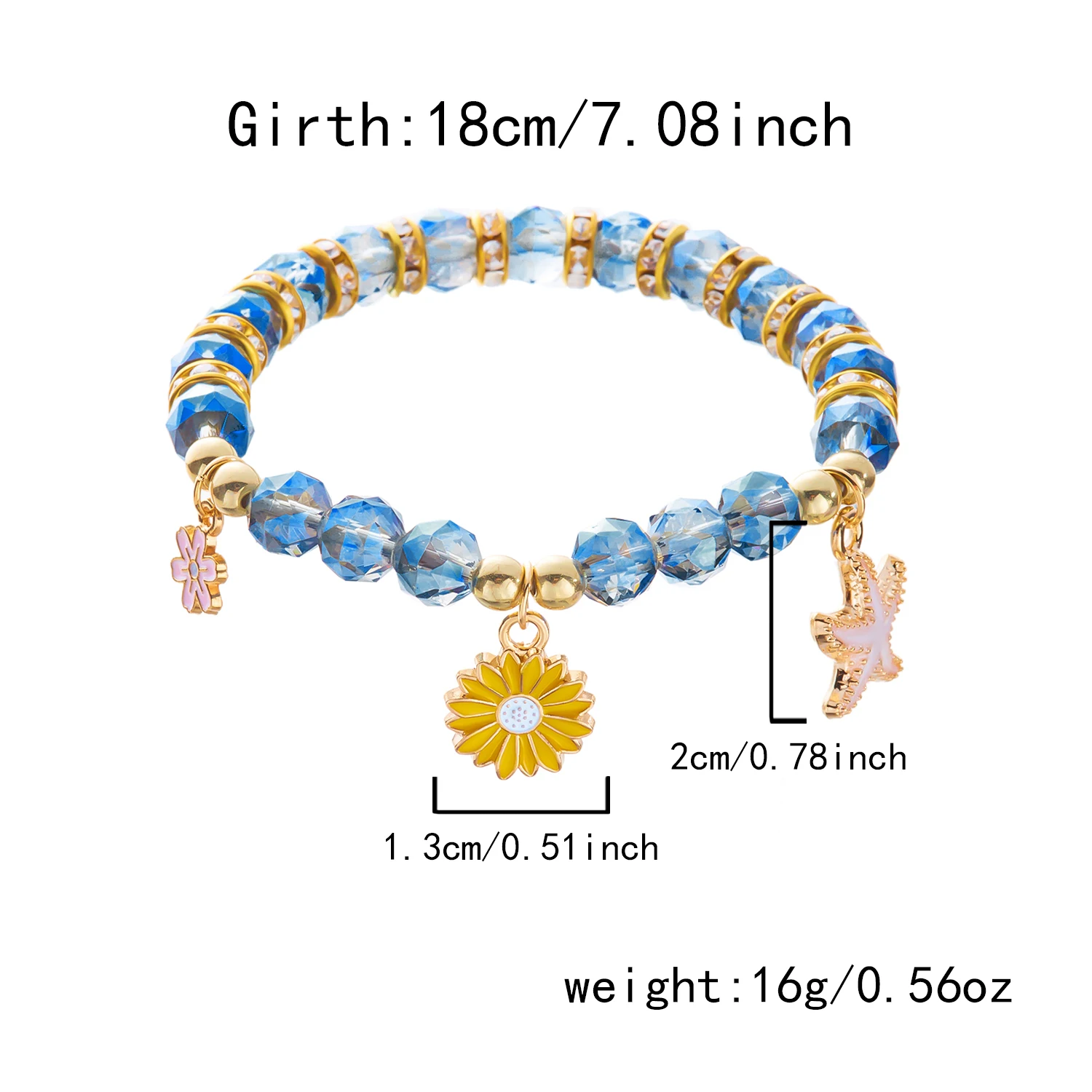 Böhmisches Blaues Kristall-Perlenarmband für Frauen Goldfarben Seestern Sonnenblumen-Anhänger Elastische Handkette Sommer-Schmuck Geschenk – Detail 10
