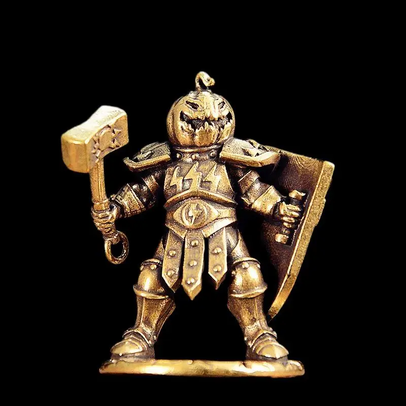 1PC Brass Shield Soldier Pumpkin Demon Warrior Figurine 3.9cm Vintage Collectible For Home Office Desk Decor Gift Accessories