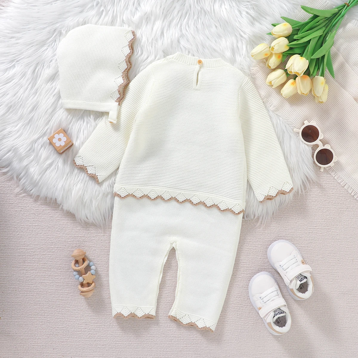 Baby Rompers Knitted Newborn Girls Jumpsuit Long Sleeve Warm Infant Kid Clothing Hat 0-18M Overalls Fashion Ruffles 2pcs Outfits