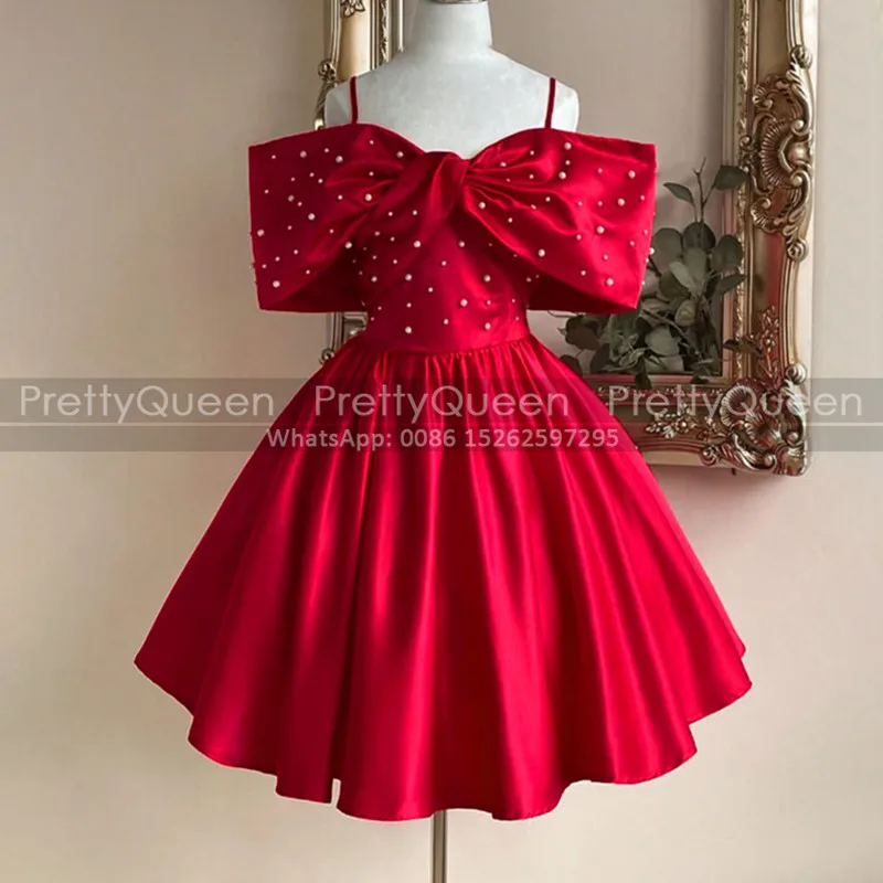 

Customized Short Bridesmaid Dresses Puffy A Line Luxury Beaded Bow Spaghetti Straps Wedding Party Dress