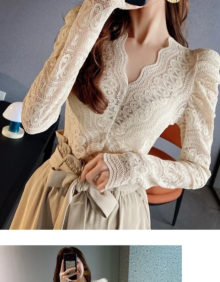 2025 New Sexy Slim-fitting Wavy V-neck Bottoming Shirt Autumn and Winter Women's Romantic Lace Inside Long-sleeved Top Apricot