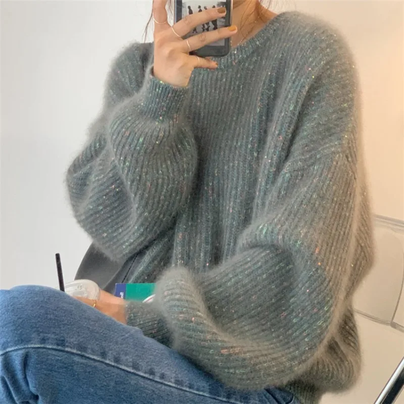 Golden Silk Sweater Pullover Autumn Winter New Casual Fashion Round Neck Outer Wearing Knitted Shirt Women Top