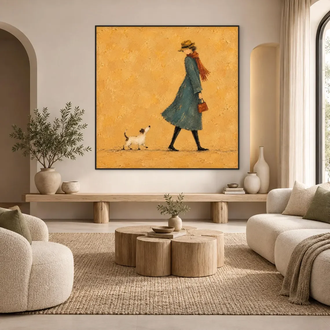 Woman Walking Dog Oil Painting, Original Impressionist Dog Wall Art, Warm Boho Animal Artwork, Dog Lover