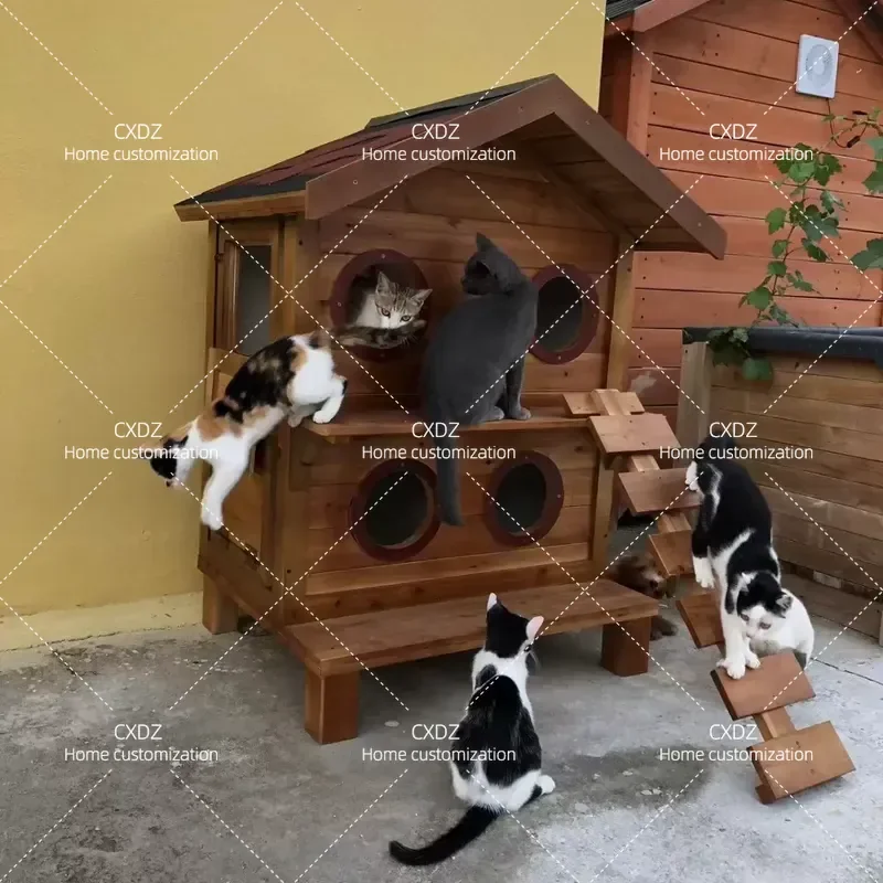 Outdoor Cat House Solid Wood Stray Kennel Villa Four Seasons Rainproof Sun Protection Warm Pet Nest Universal Shelter