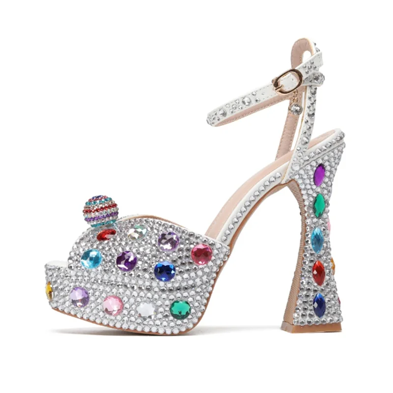 Colorful Rhinestone Platform High Heel Sandals Open Toe Chunky Block Heel Ankle Strap Sparkly Crystal Party Wedding Bride Shoes