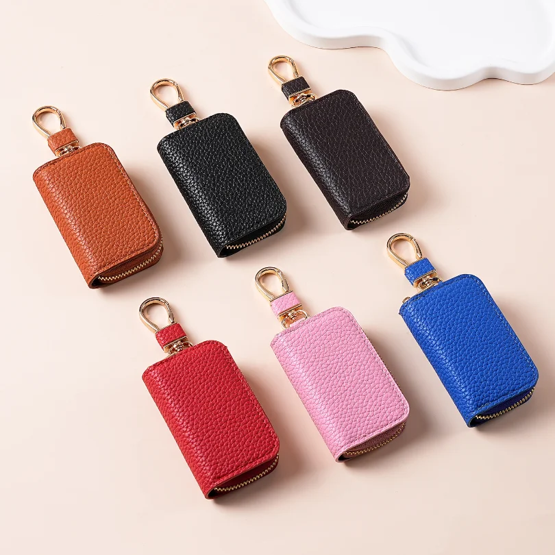 Lychee Pattern Leather Keychain Men Key Holder Organizer Pouch Split Car Key Wallet Women Housekeeper Car Key Case Card Keys Bag