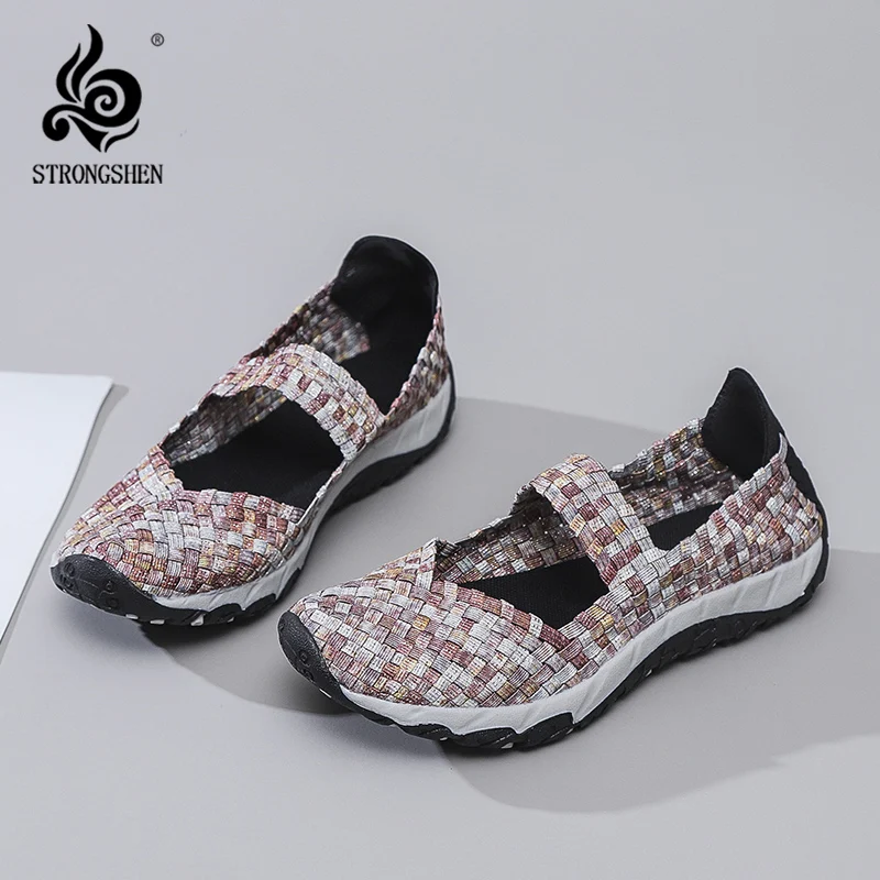 STRONGSHEN Summer Women Handmade Woven Walking Shoes Flats Sneakers Breathable Slip on Women Manual Woven Shallow Casual Shoes