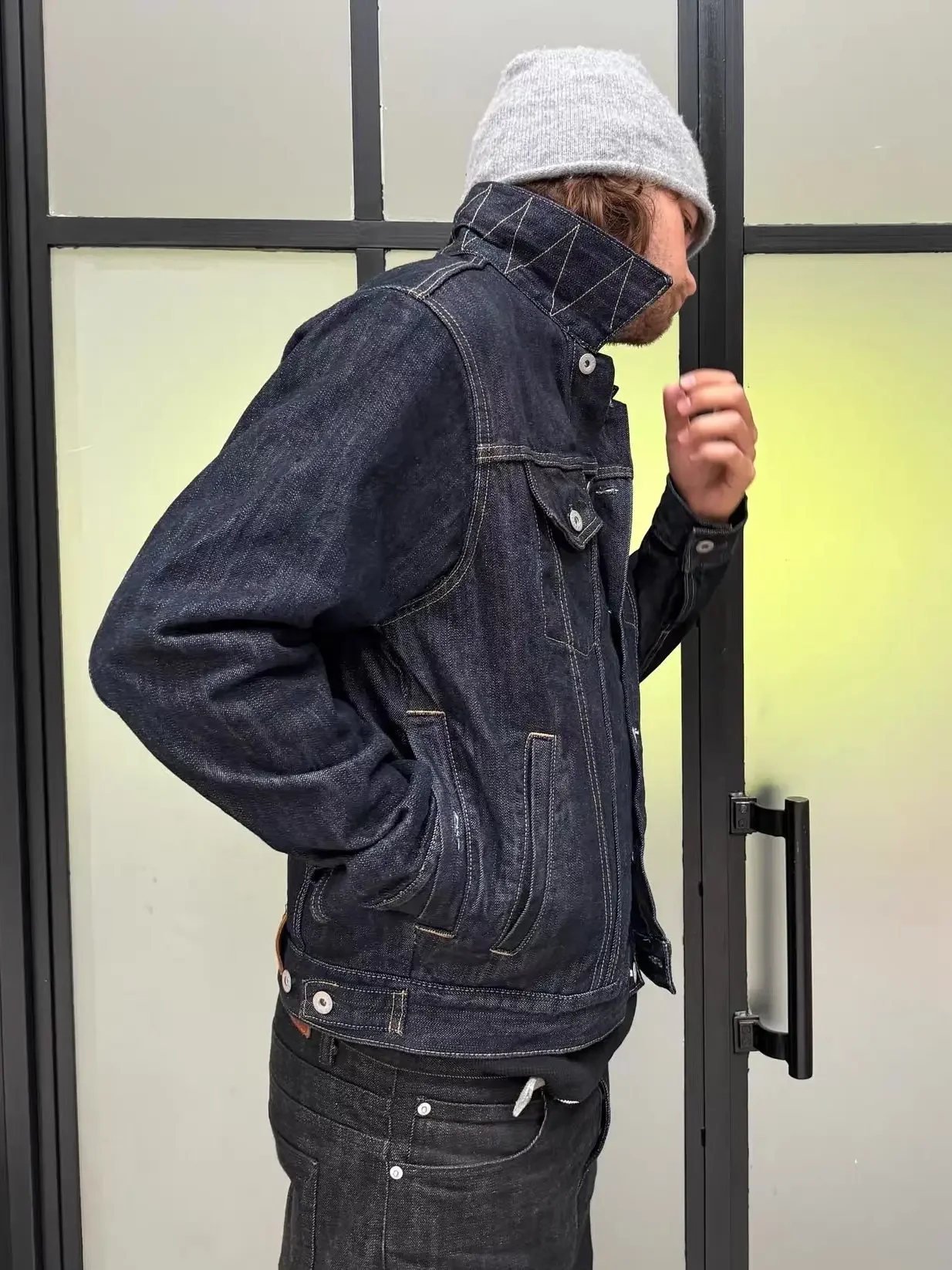 Heavy Industries No Faith Red Edge Red Ears Narrow Bull Short Wide Loose Lapel Front Shoulder Denim Jacket