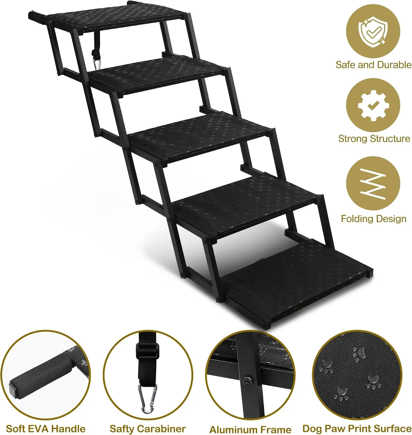 Foldable 5-Step Wide Dog Stairs for Large Dogs, Portable Pet Steps for Car, SUV, and Truck