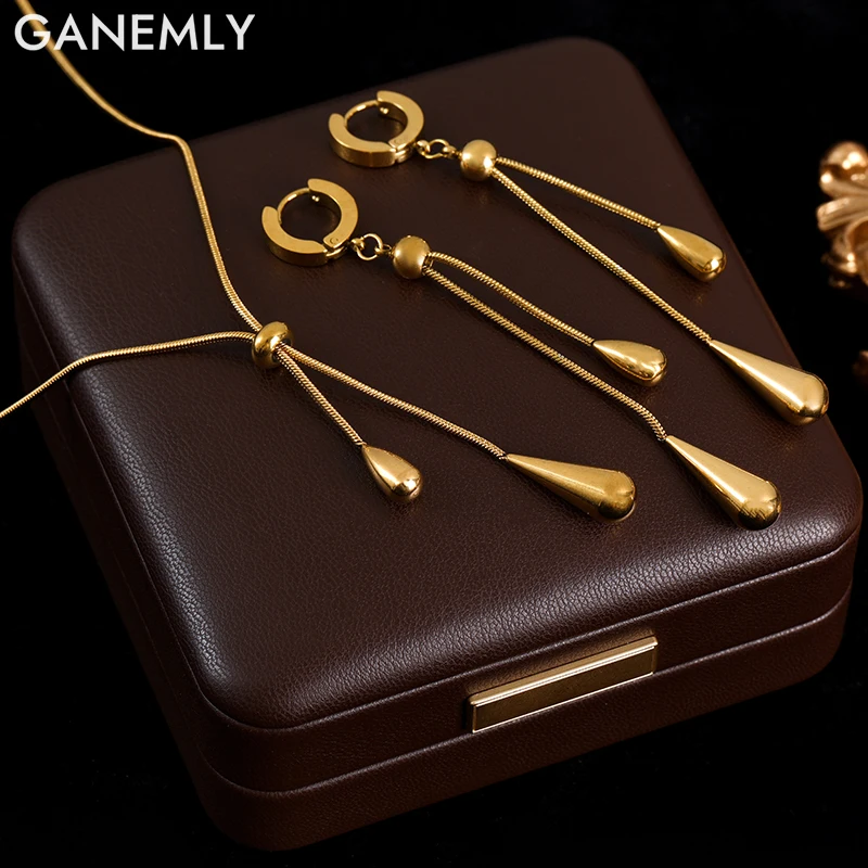 GANEMLY 316L Stainless Steel Gold Color Teardrop Tassel Necklace Earrings Set For Women Fashion Waterproof Jewelry Set Lady Gift