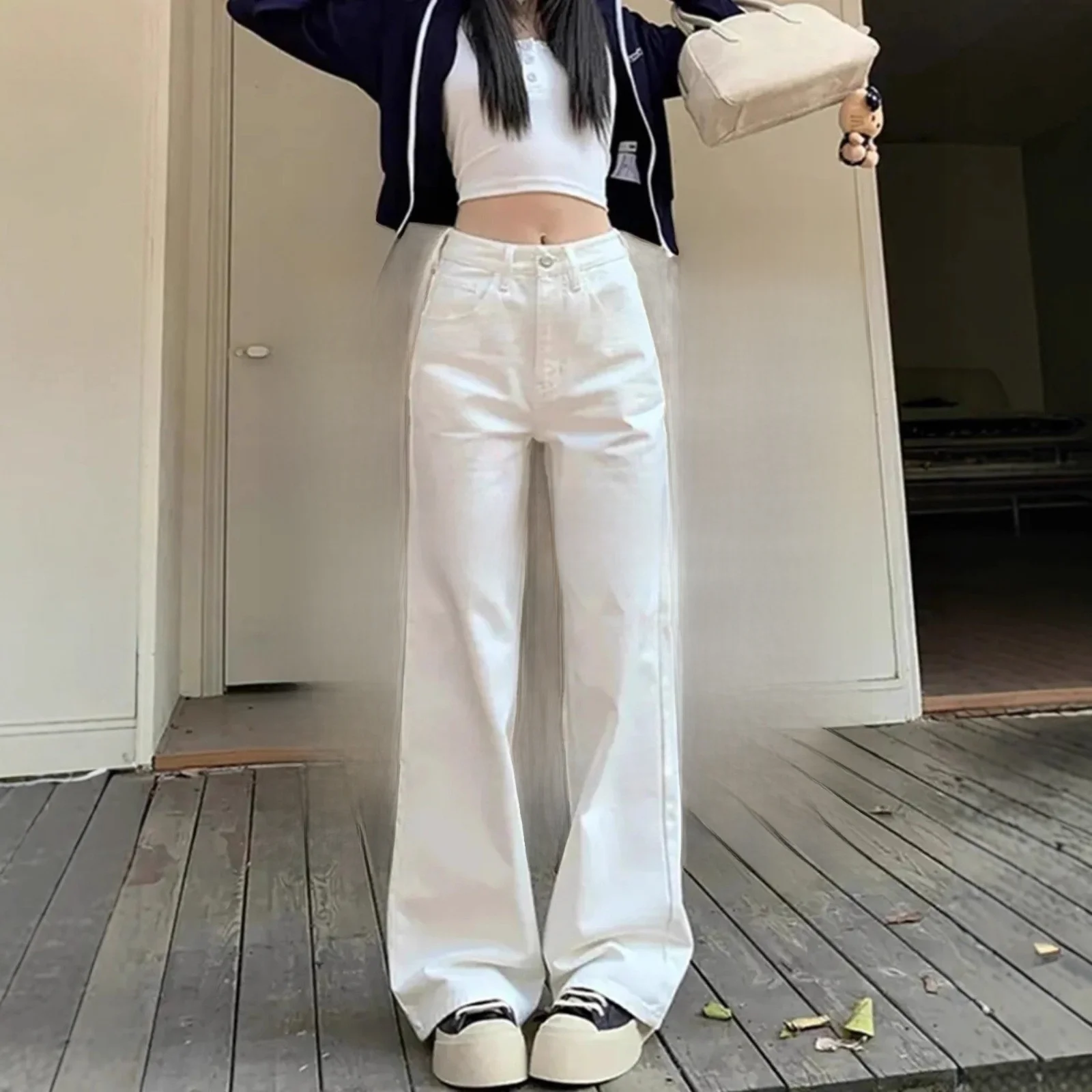 

American Retro High Waist Straight Leg White Jeans Women's Spring Autumn Loose Slimming Drapey Wide Leg Long Trousers Trendy