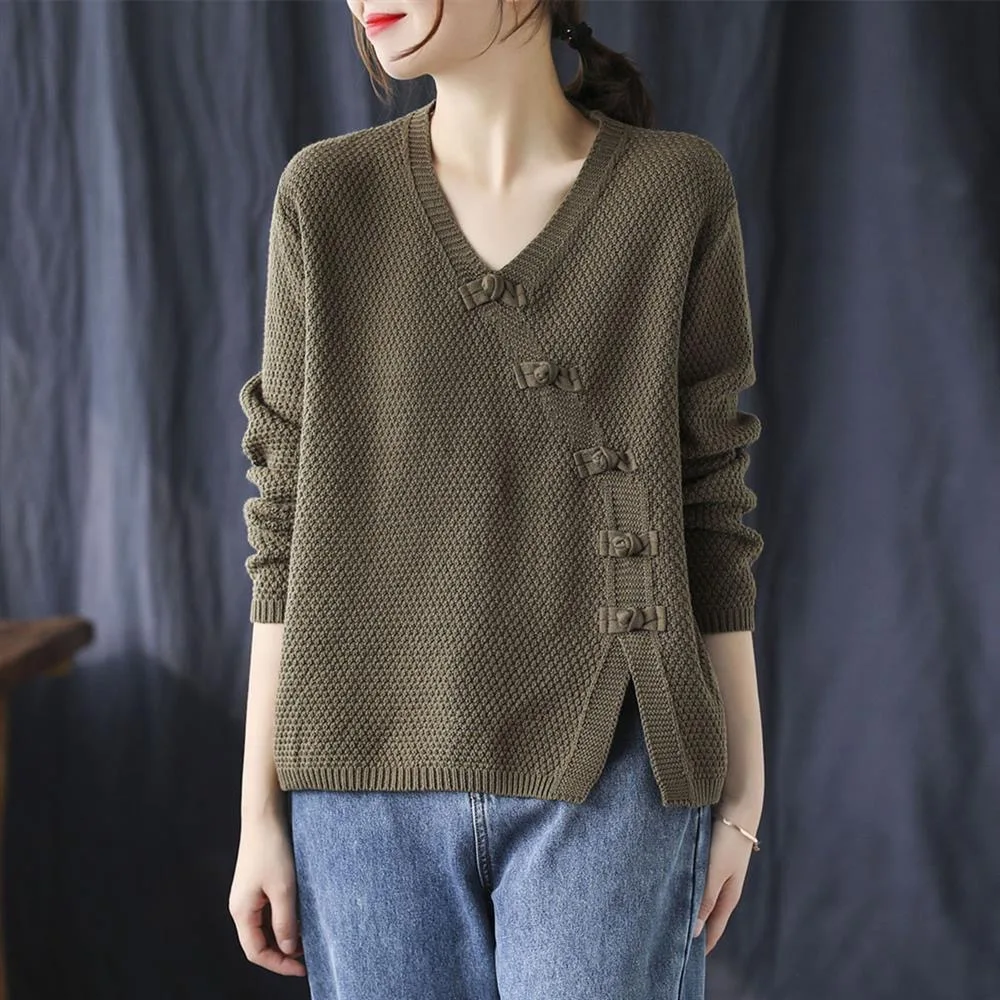 

Autumn Winter Literary Vintage Buttons V-neck Sweater Ladies Loose Casual Knitting Pullover Top Women All-match Jumper Outwear