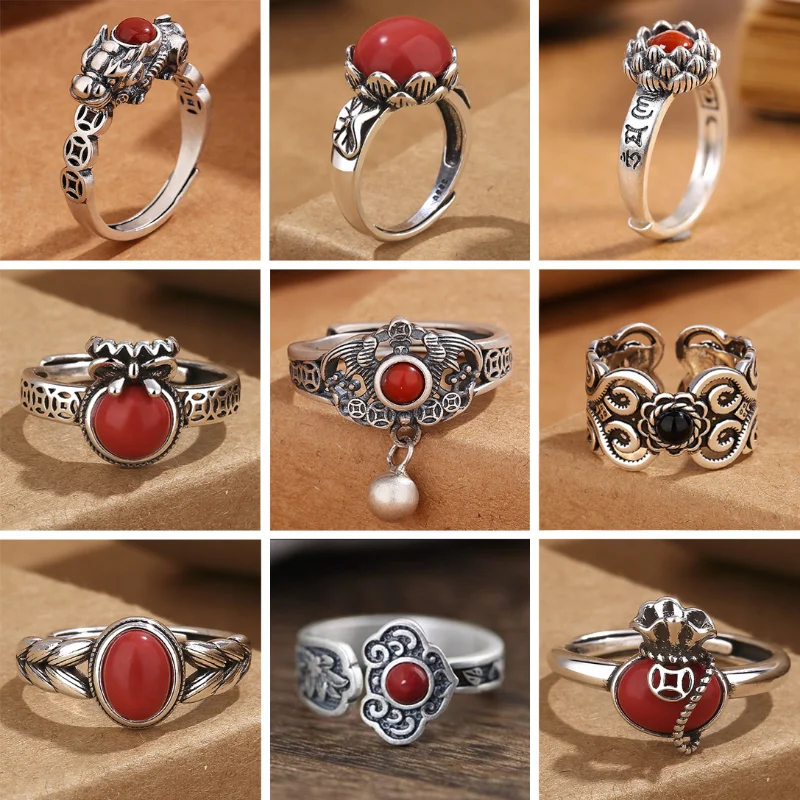 Ethnic Style Imitation South Red Agate Adjustable Ring Women Vintage Thai Silver Color Good Luck Gathering Money Party Jewelry