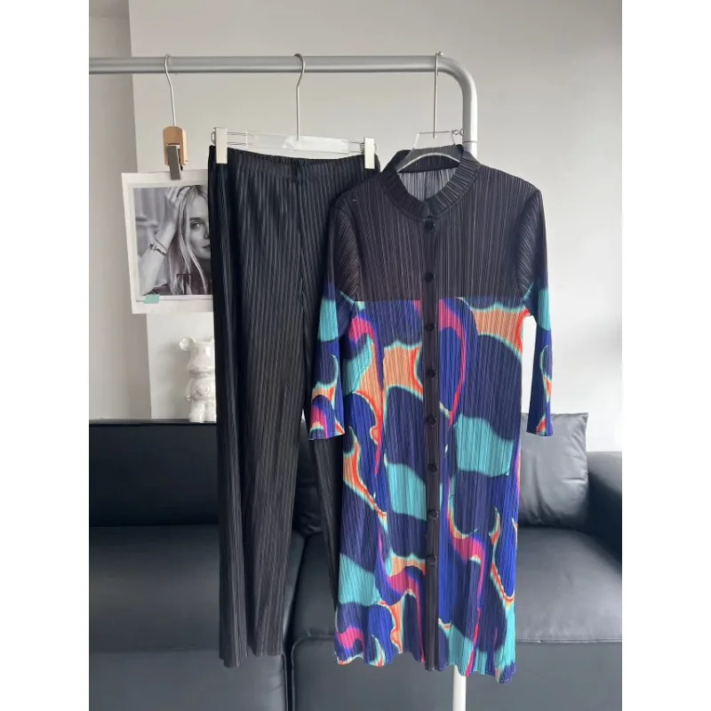 Miyake-calças femininas tingidas de perna reta estampadas, jaqueta plissada, conjunto casual versátil, outono, 2 peças