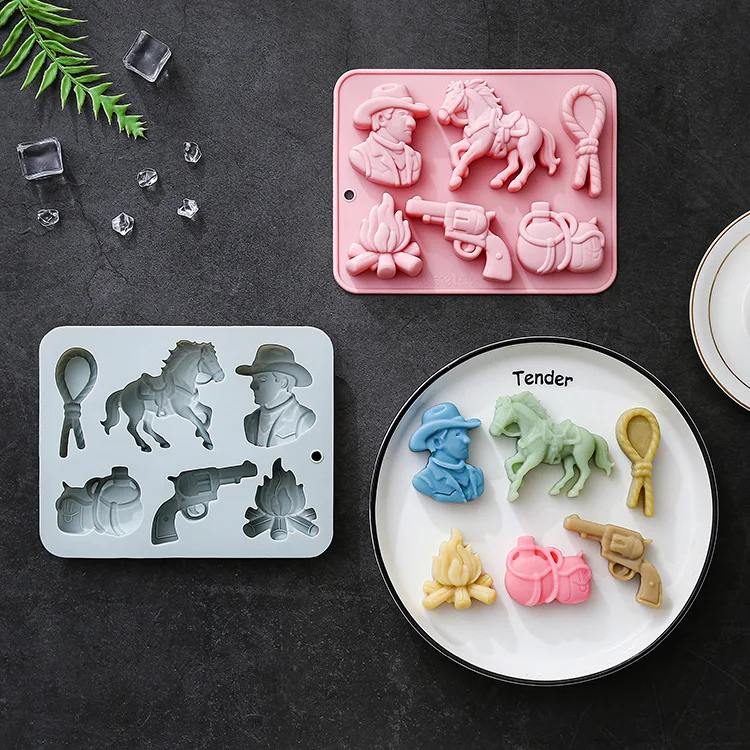 

6-hole Cowboy Theme Silicone Molds Firewood, Pistol, Reins, Luggage Chocolate Mold Jelly Epoxy Candy Cake Decorating Tools