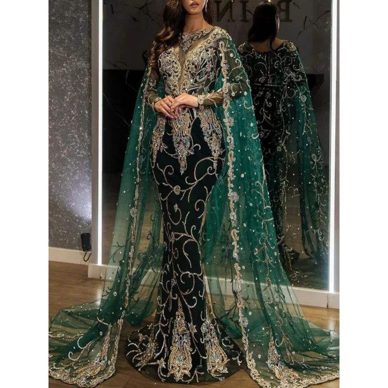 Gold-Edged Embroidered Elegant Evening Gown Round-Neck Cloak-Style Slim Fit Dressea Vintage Fashion Women's Banquet Party Dress