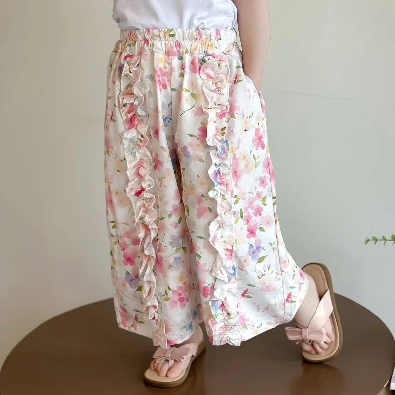 

2026 Summer New Flower Pattern Lotus Leaf Lace Elastic Waist Thin Anti Mosquito Pants for Children