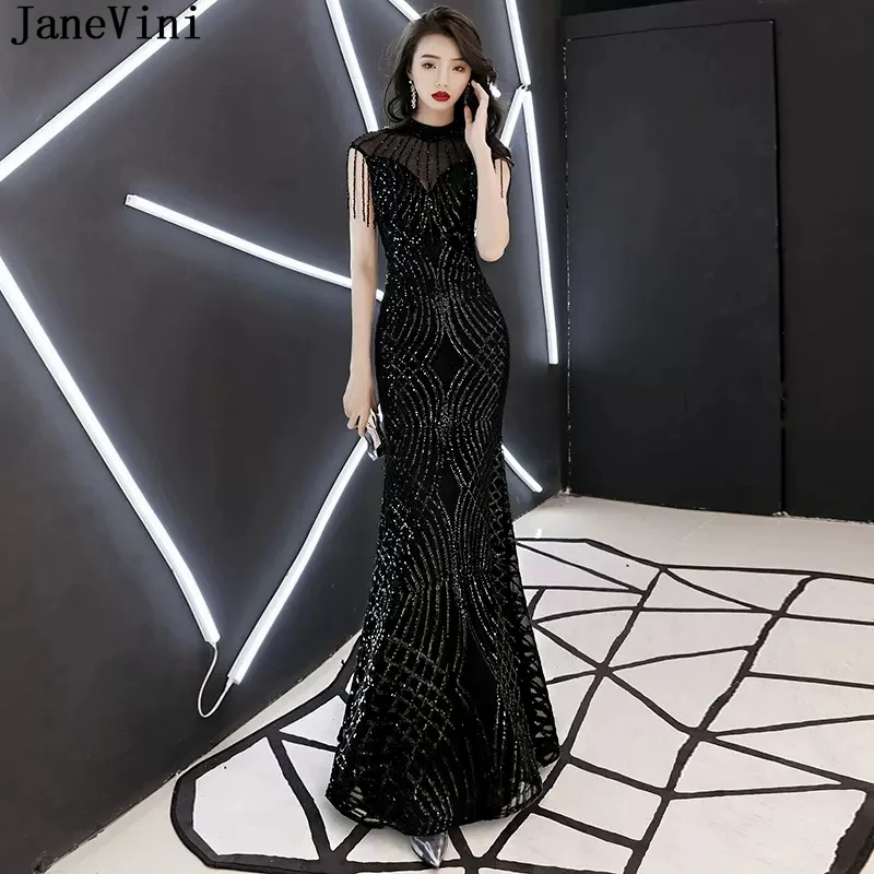 

JaneVini Shiny Sequins Dubai Luxury Evening Dresses Black Long Mermaid Beaded Women Long Formal Dresses High Neck Party Gowns