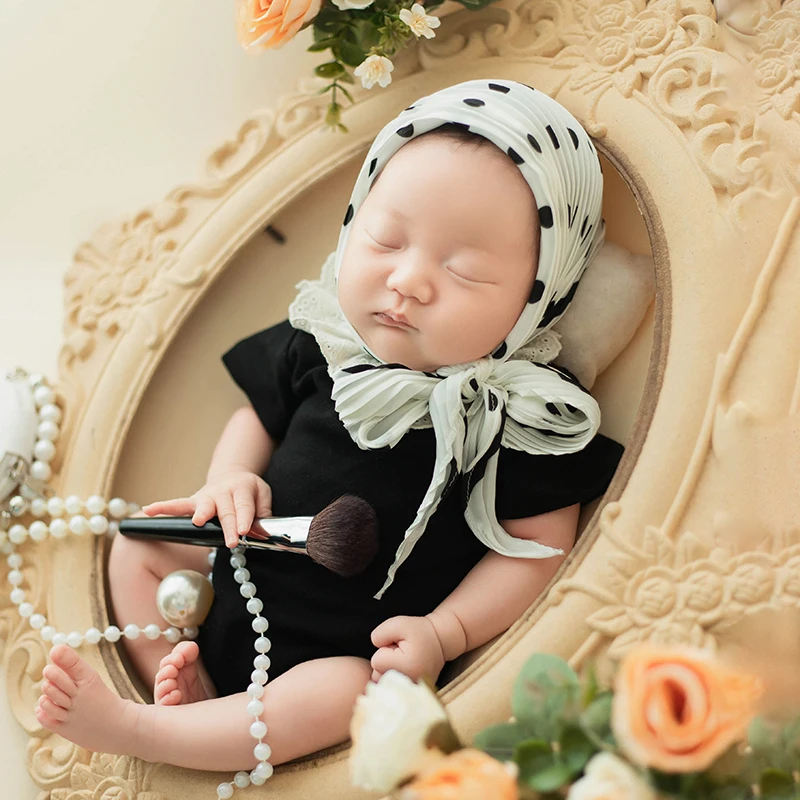 French Socialite Style Baby Girl Photography Clothing Newborn Photo Mini Bag Prop Baby Bodysuit+Headscarf Suit Studio Accessorie