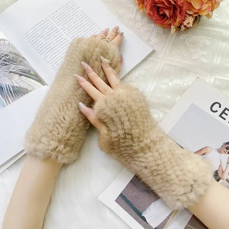 Real Mink Fur Gloves Winter Women's Half Finger Fur Gloves Thickened Handmade Mink Fur Gloves lady Outdoor Warm Fur Gloves