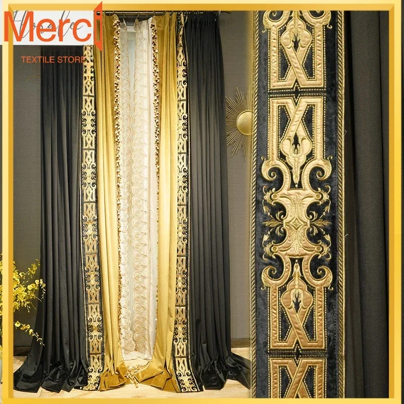 

French Retro Light Luxury Lace Velvet Stitching Curtains For Living Room Bedroom Finished Blackout Curtain Customization Decor