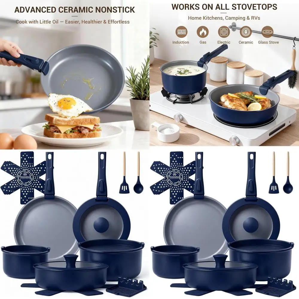 

18-предметный набор посуды с антипригарным покрытием, нетоксичный, со съемными ручками, подходит для индукционных плит, посудомоечных машин и духовок, темно-синий