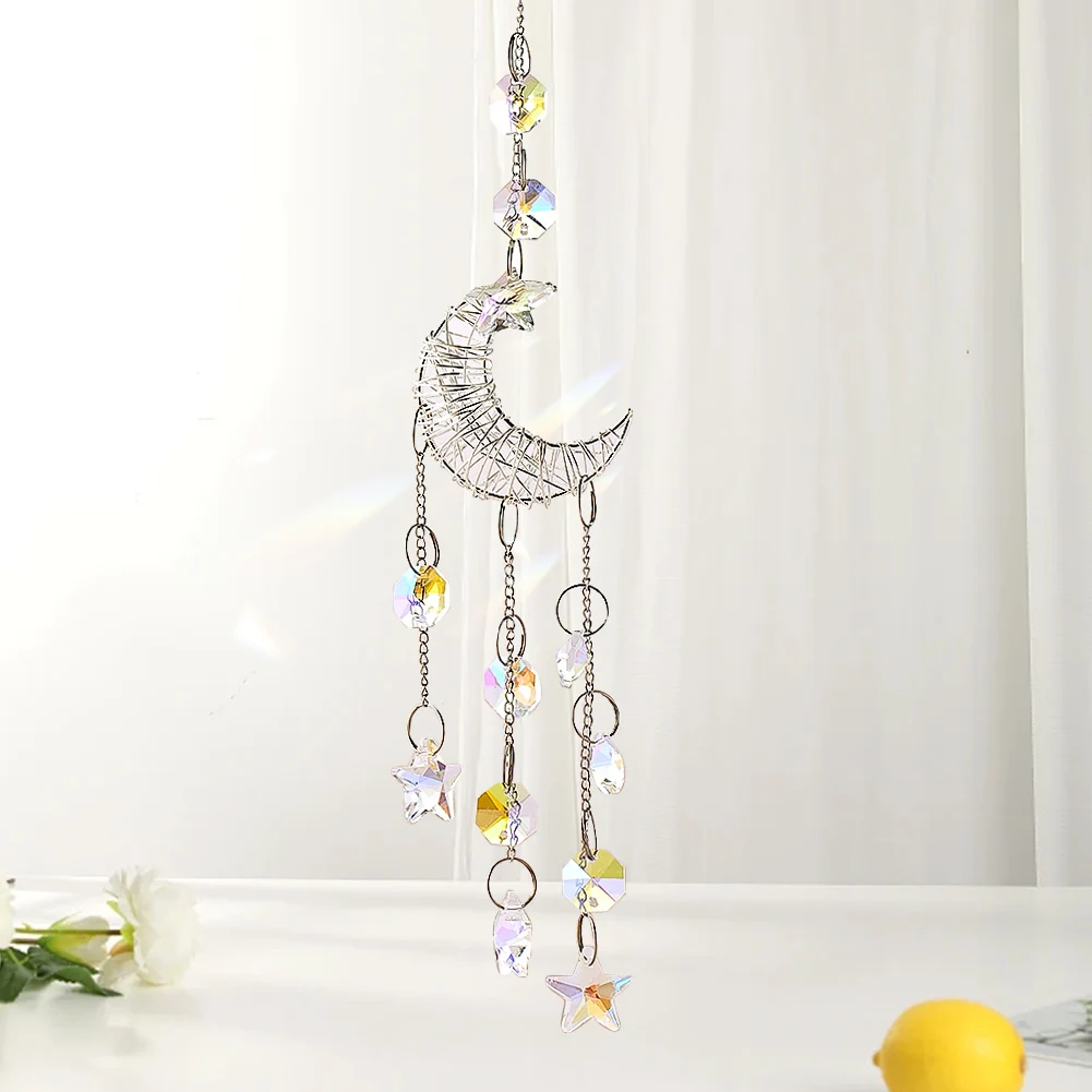 Moon Hanging Crystals Suncatcher Prism Wind Chimes Crescent Star Glass Bead Eye-catching Rainbow Maker Window Pendant Home Decor