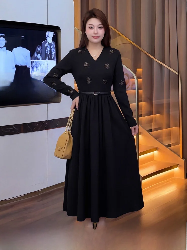 

Suower Large Size Long Sve V-Ne Dr Ele Long Dr Spring New Women's plus Size Commute Sle High Waist Diamon...