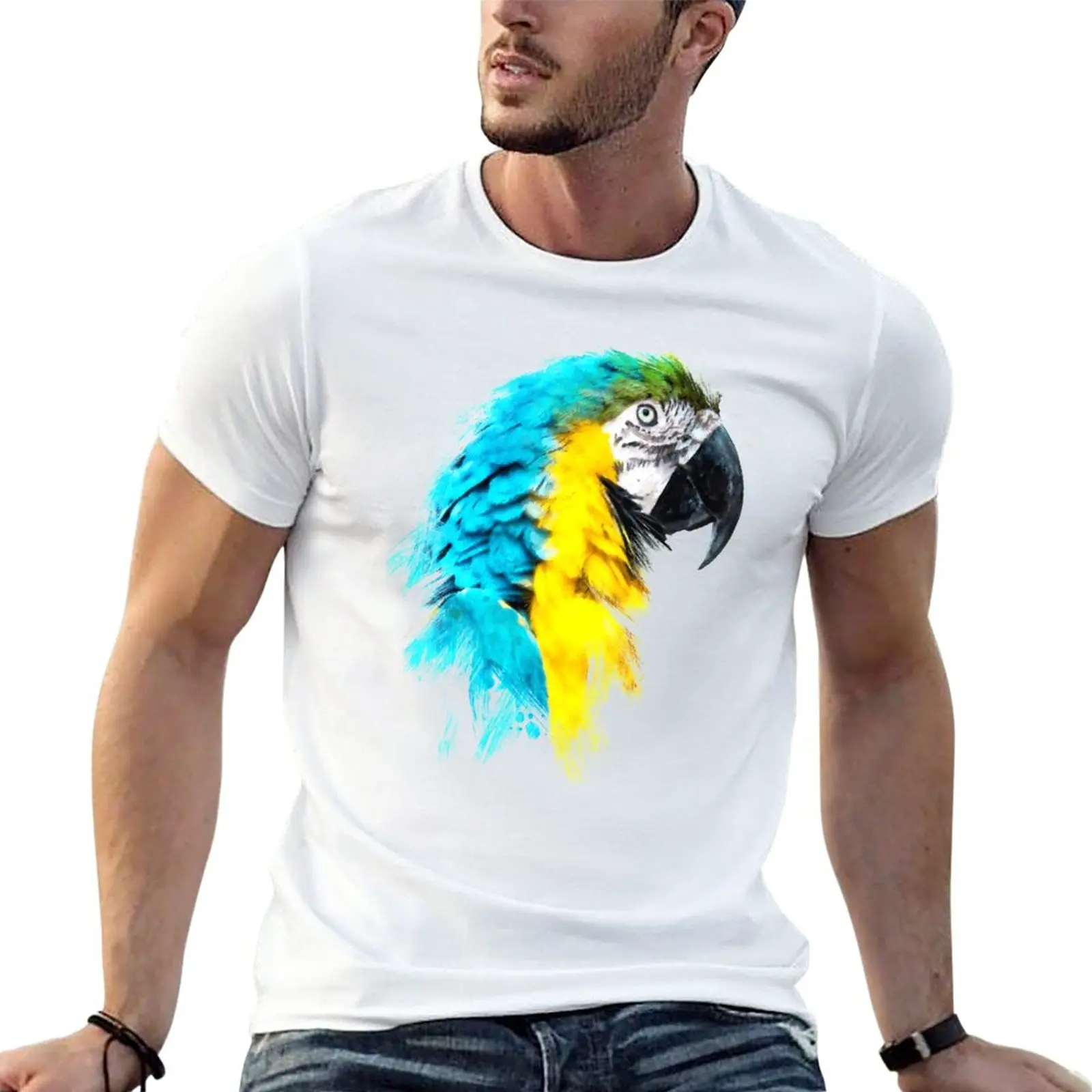 Dramabite Watercolour blue yellow macaw parrot T-Shirt tees summer tops fitted t shirts for men