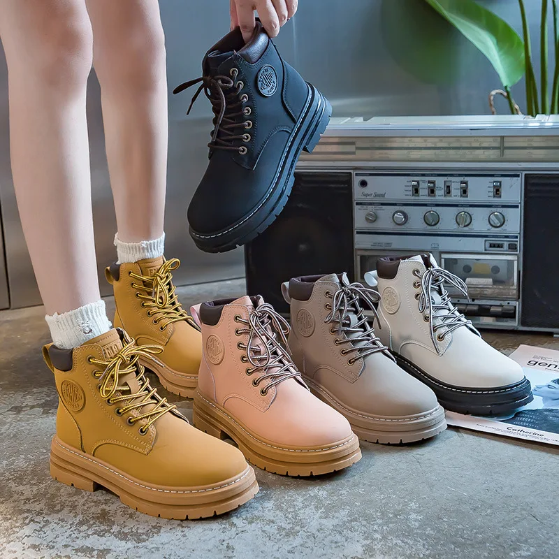 

Couple Martin Boots Low Heels Lace Up Women's Boots Thick Sole Yellow Boots