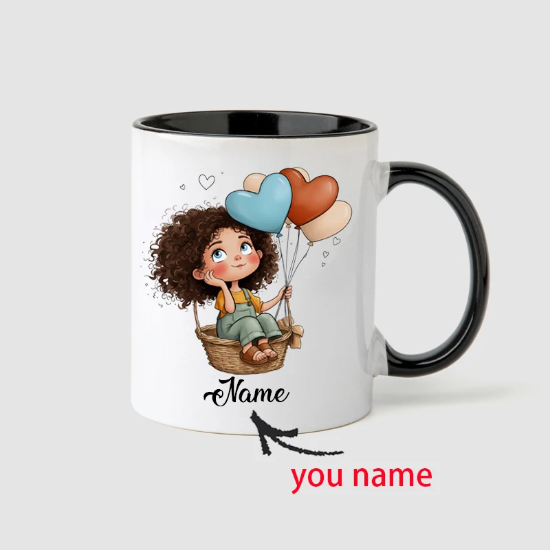 Personalized Name Mug Pretty Girl in Basket with Heart Balloon Custom Gift for Bestie Home Daily Use Ceramic Coffee Cup