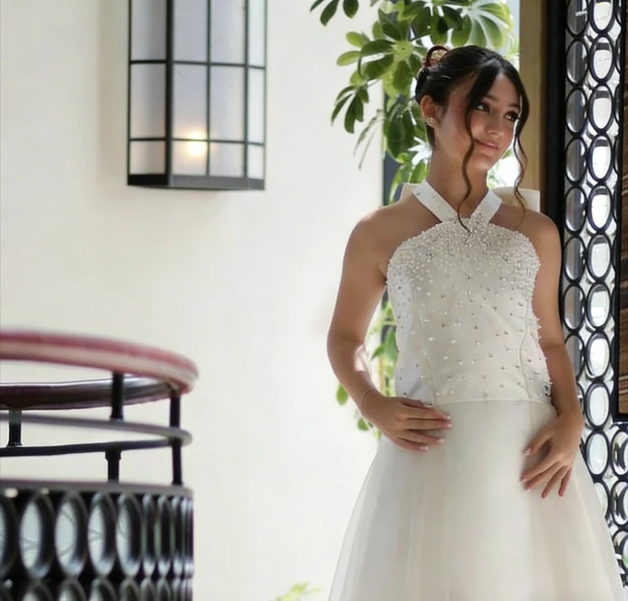 Elegante vestido blanco de satén para niña, vestido de boda con cuello halter sin mangas con lazo y cuentas, vestido de primera comunión para cumpleaños de niños, personalizado