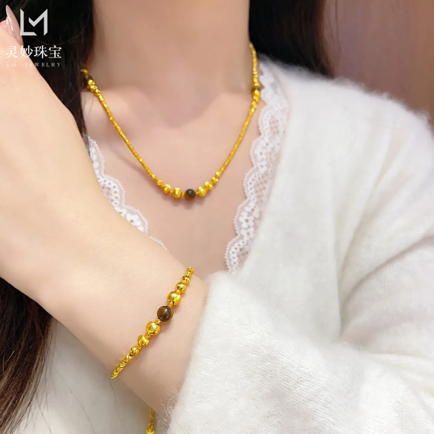 Cat Eye Fortune Bead Necklace & Bracelet Women's 24K Gold AU999 -Light luxury cat eye style, low-key glittering, for office days