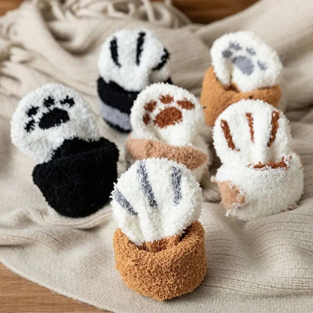 1 Pair Warm Animal Fingers Cat Paw Winter Socks Coral Fleece Thicken Coral Fleece Warm Sock Cat Paw Soft Sleeping Socks Girls