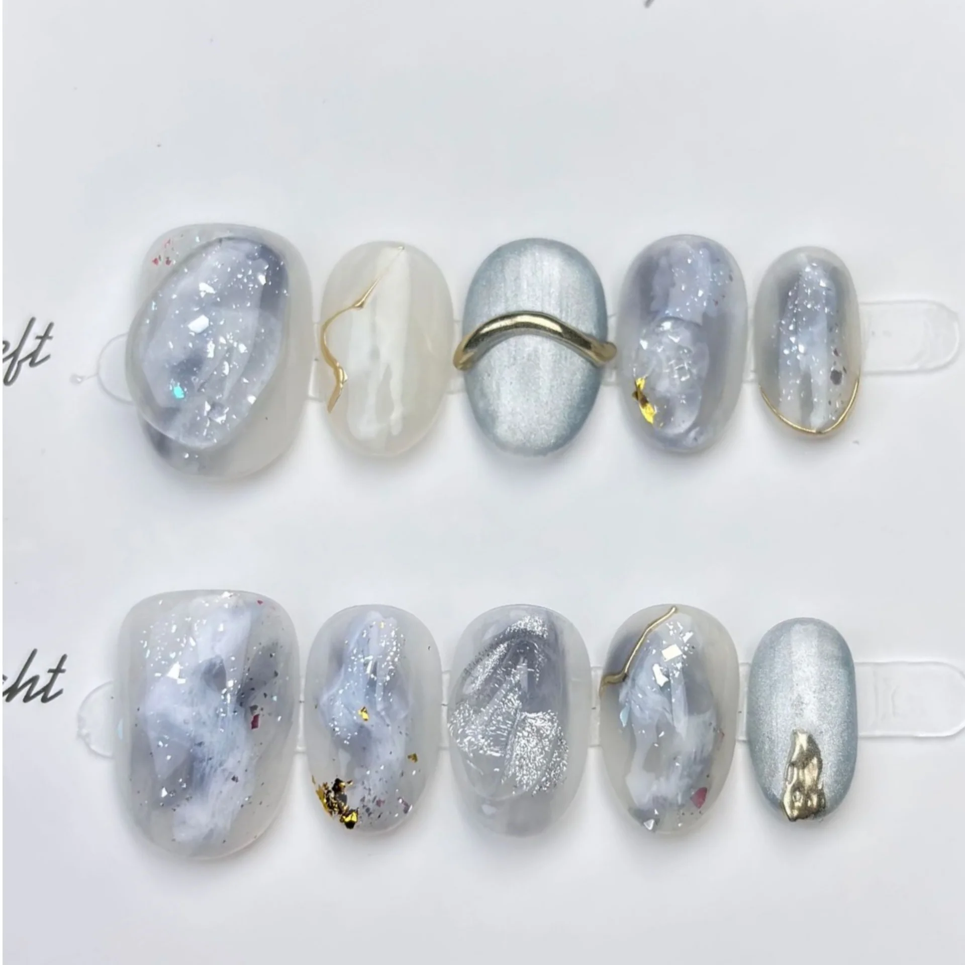 10pcs Handmade Fake Nails Art Smudge Green Full Cover Nail Tips Detachable Rhinestone Star Design Oval Press on False Nails Sets