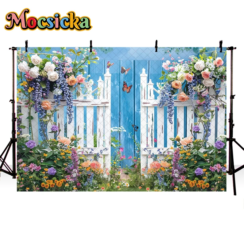 Mocsicka Photography Background Summer Colorful Floral Arches White Wooden Adult Child Art Portrait Decor Backdrop Photo Studio