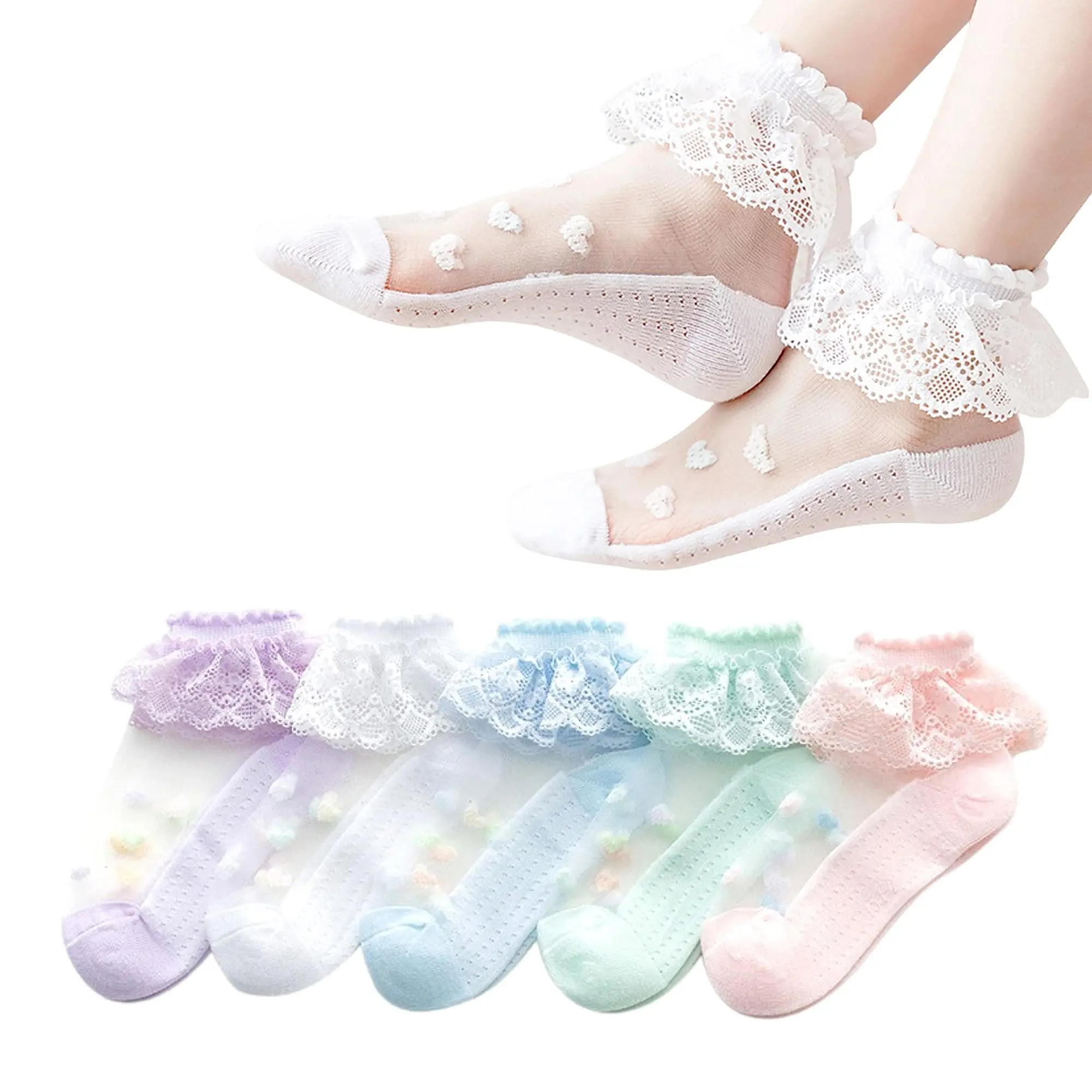 Girls socks, Ruffles Ankle Socks Transparent Silk- 5 Pack Thin Lace Mesh Sheer socks for Toddler Girls(3-16 Years)