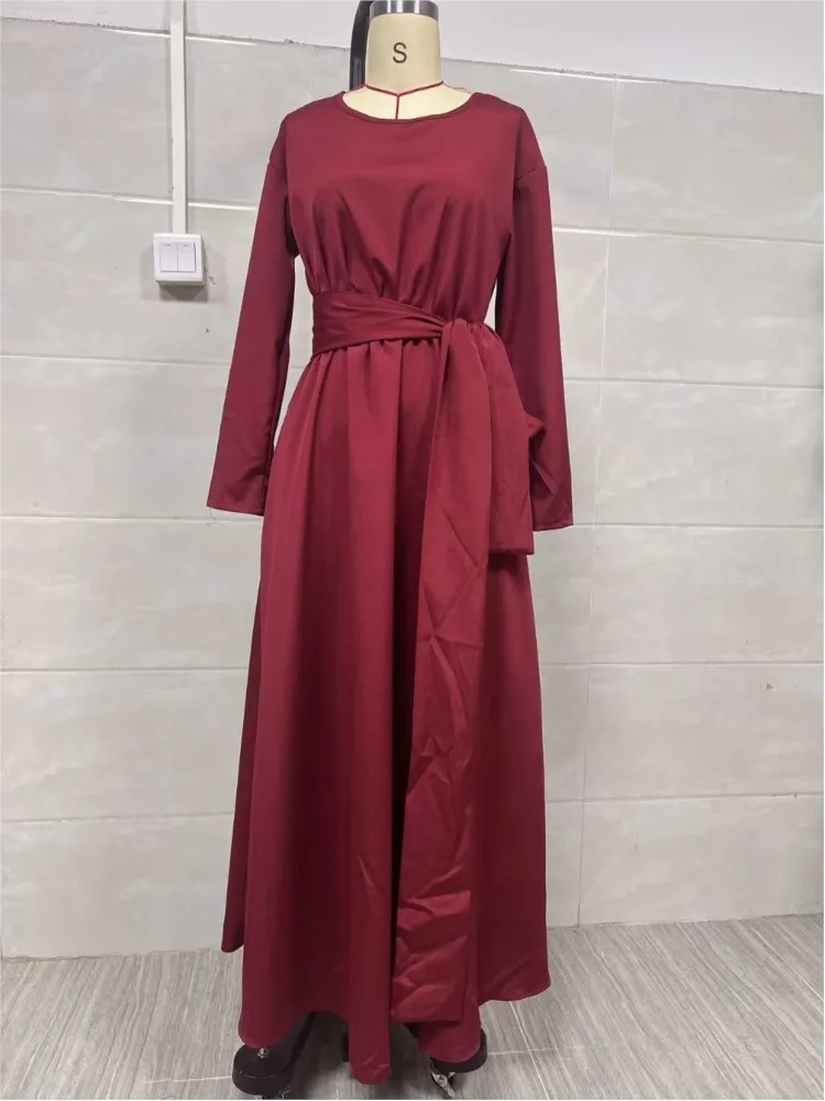 Spring Casual O Neck Belted Maxi Dress Woman Elegant High Waist Ruched A-line Swing Long Dresses Long Sleeve Pocket Boho Vestido
