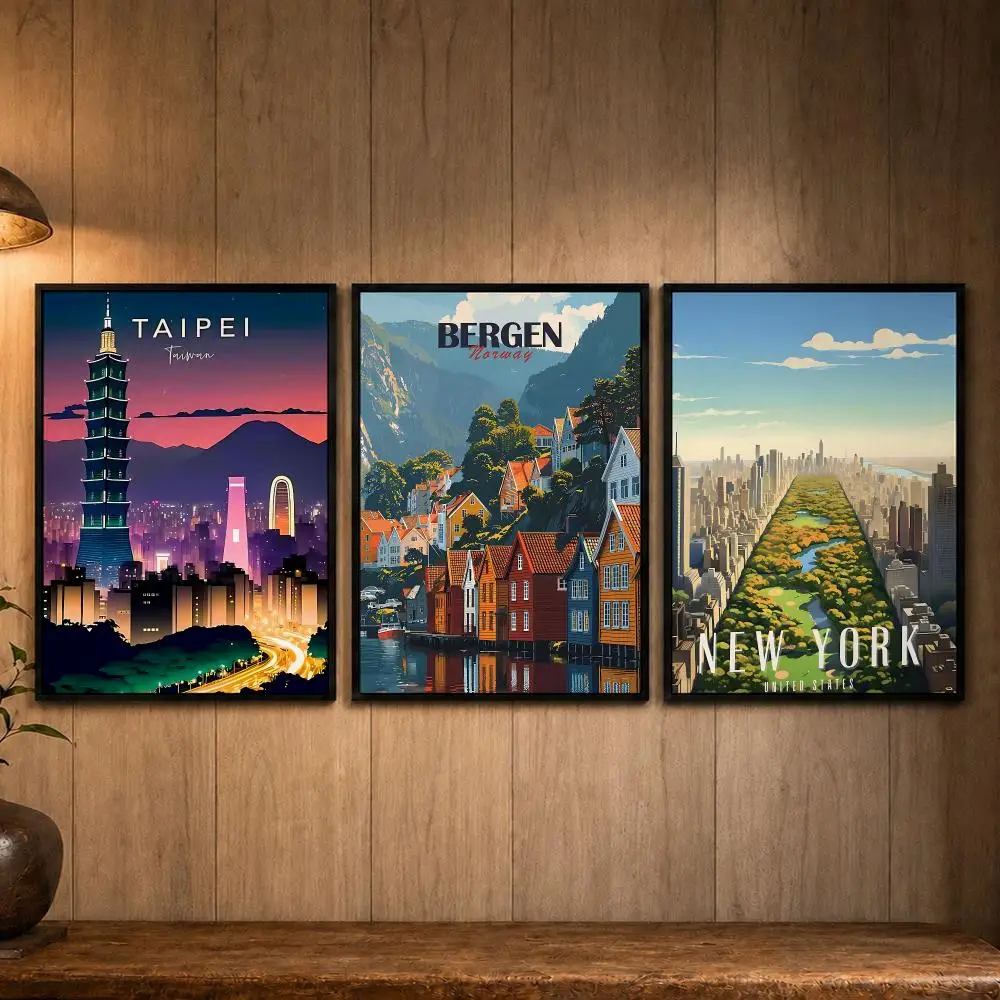 Cityscape Travel Poster C-CityS Poster Self-adhesive Art Poster Decoracion Painting Wall Art White Kraft Paper Home Decor