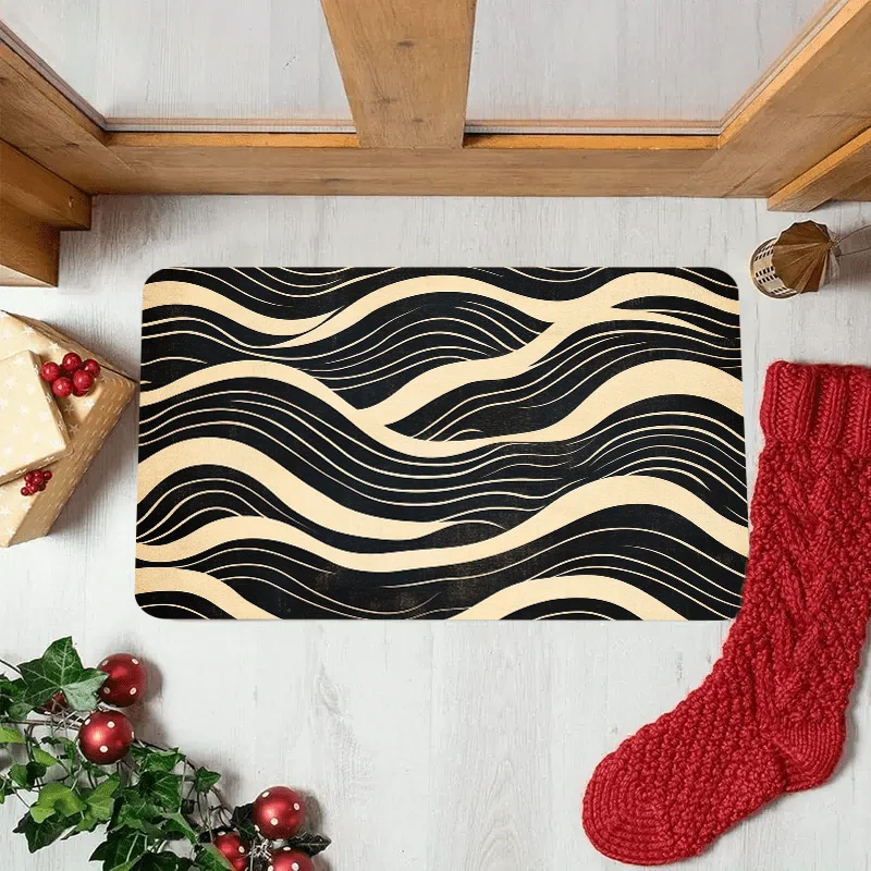 1pc Black & Beige Wave Pattern Mat Mat - Plush Soft Viscose-like Indoor Outdoor Door Mat, Shading Striped Mat for Entryway, Bath
