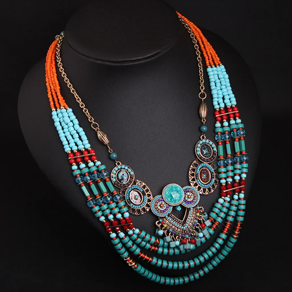 Boho Necklace Bib Collar Handmade Beaded Owl Jewelry Multilayer Vintage Bead Chain Indian Ethnic Necklace Women Party Jewelry